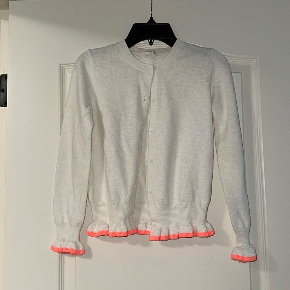 J-crew sweater with buttons, off white with neon orange at the bottom, size 10